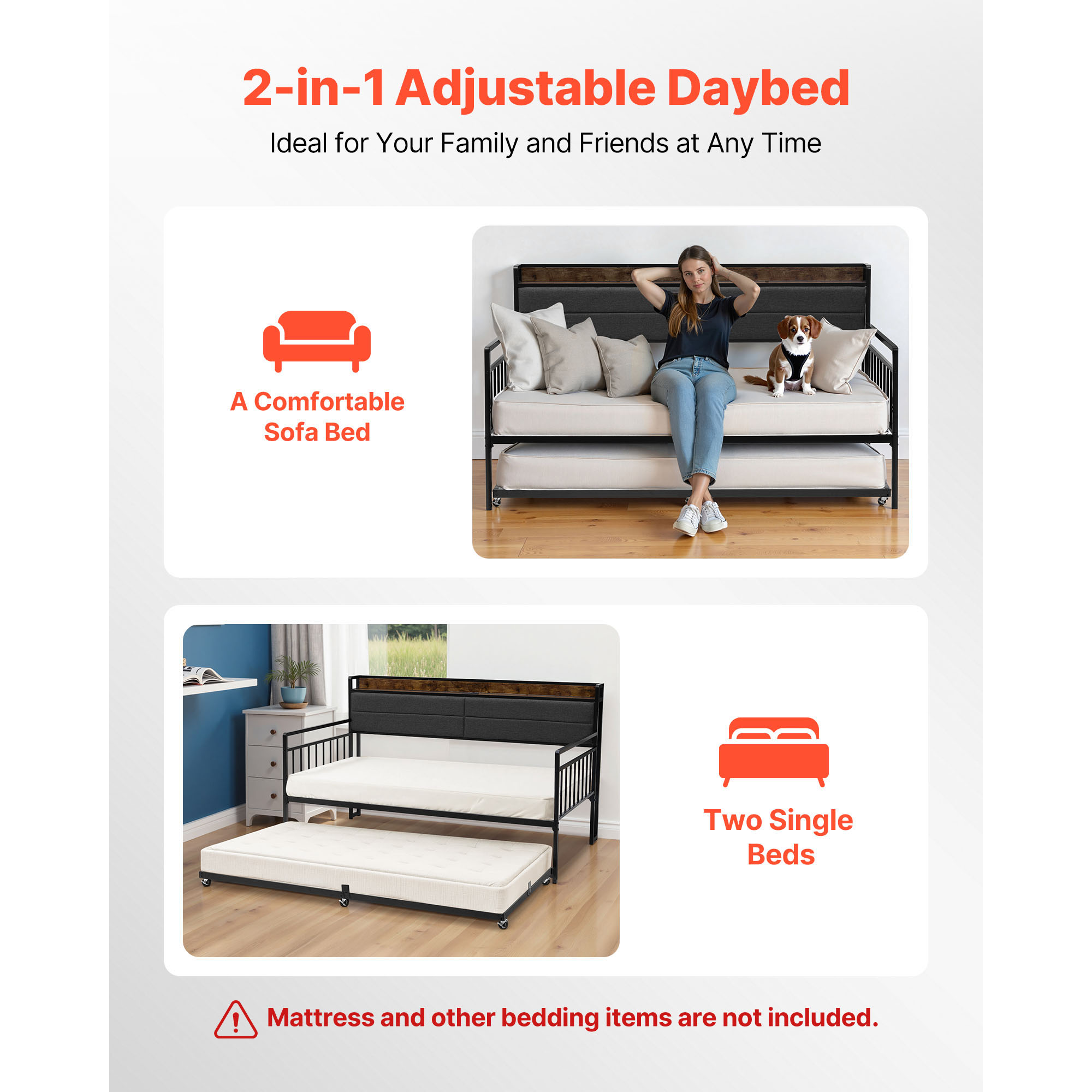 Metal Daybed Frame With Trundle And Charging Station Bed_voghion.com